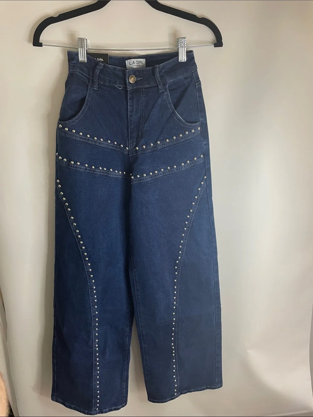 LA Girl Dark Blue Studded Wide-Leg Jeans